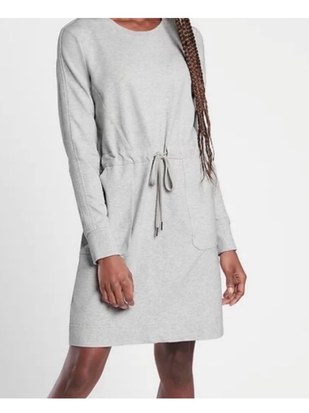 Athleta Farallon Dress Heather Gray Drawstring Pocket Sweatshirt Dress M